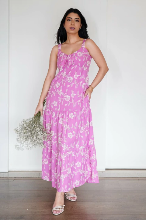 VESTIDO LONGO VISCO MIX BORDADO SAKURA ROSA - CLARA ASSIS