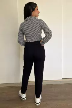 30907-BLUSA MALHA TRICOT MARINE LISTRADO EM CINZA E PRETO COM LAÇO PRETO - loja online