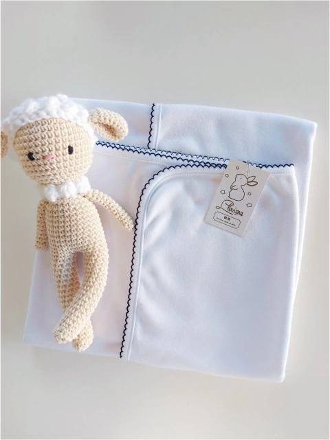 Manta Blanca Picot Azul Doble Algodón