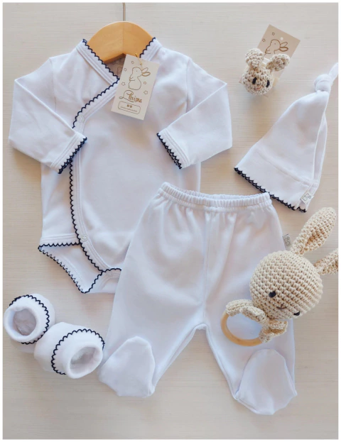 Ajuar Clasic Blanco Picot Azul X 5 Piezas