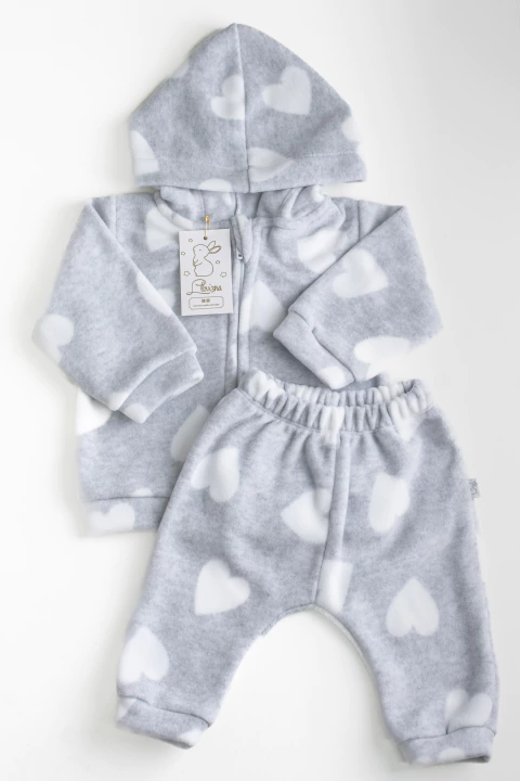 Conjunto de Polar Gris con Corazones Blancos