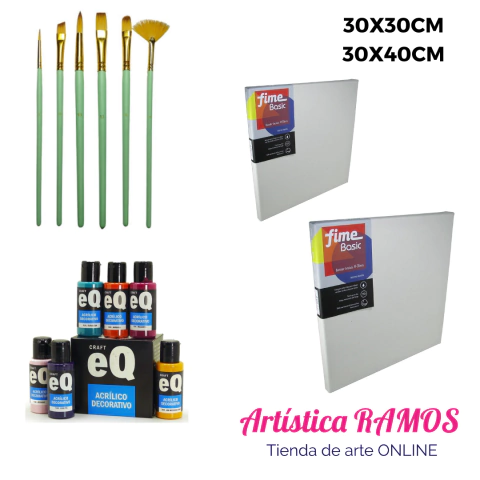 Promo 2 Bastidores 30x30 y 30x40cm + 12 Acrílicos EQ + 6 Pinceles Surtidos