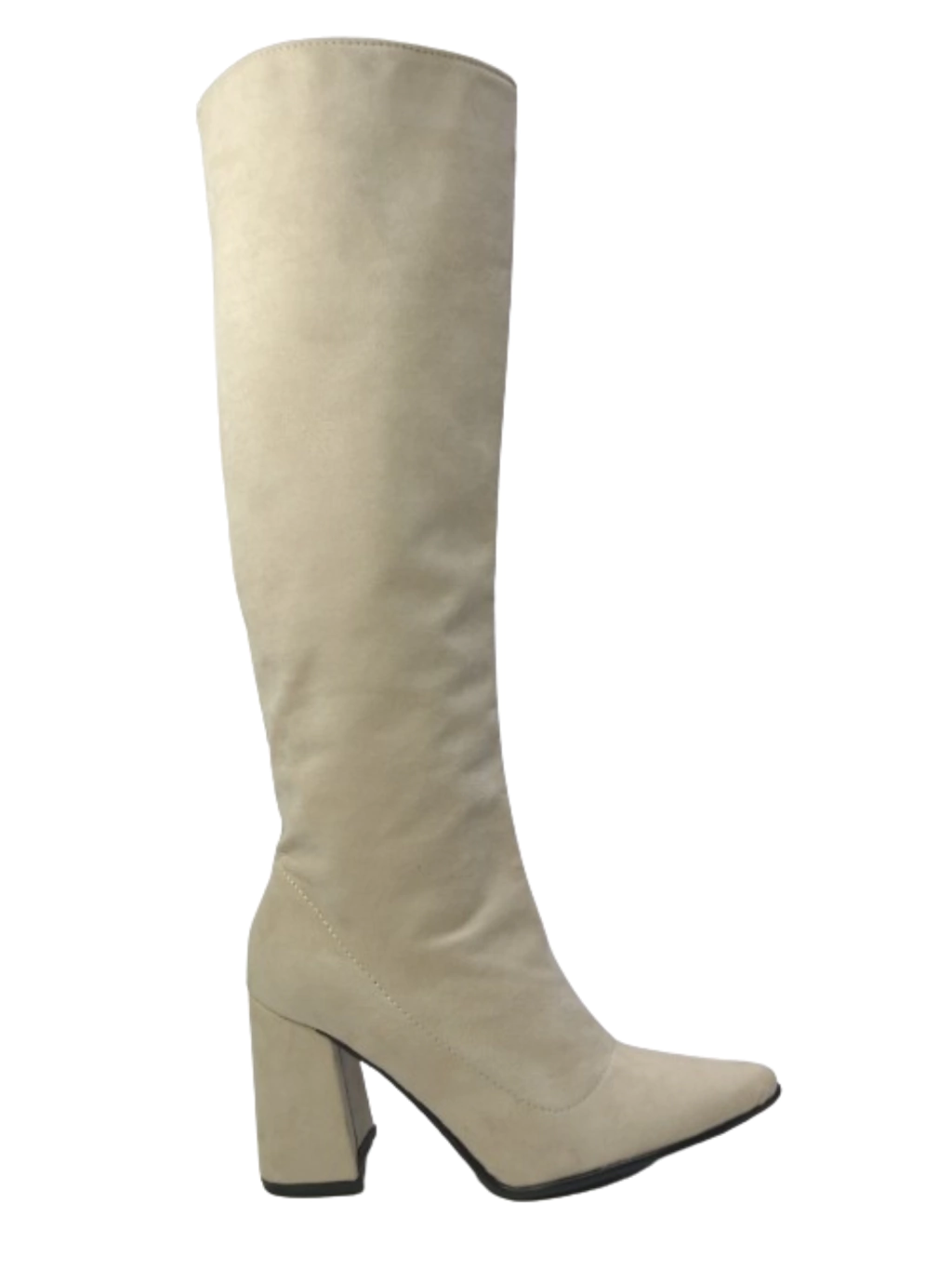 Bota larga con taco cuadrado / Beige Gamuza