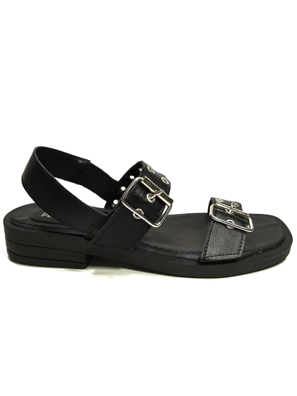 Sandalia de plataforma baja con pulsera, hebillas y ojalillos / Negro