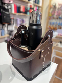 Canasta matera cuero base de madera