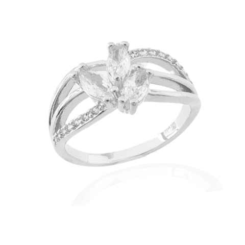 Anel Três Navetes Cristais Banhado a Prata