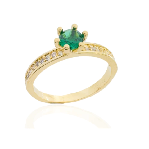 Anel Solitário Verde Esmeralda Cravejado Banhado a Ouro