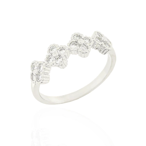 Anel Quatro Trevos Cristais Banhado a Prata