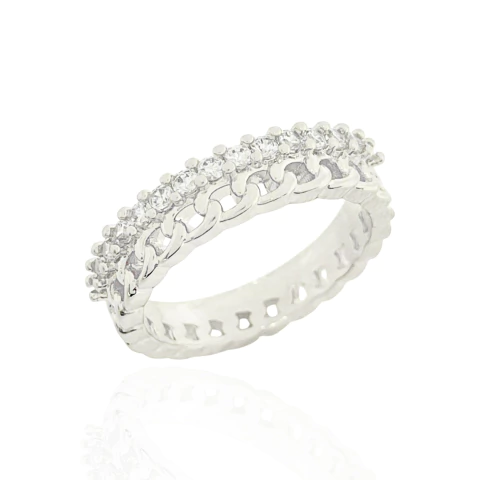 Anel Duplo Correntes e Zircônias Cristais Banhado a Prata