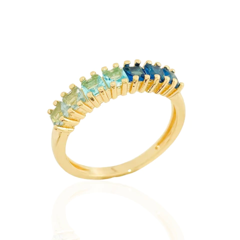 Anel Quadradinhos Azuis Banhado a Ouro