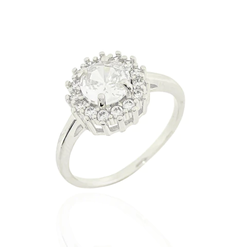 Anel Pedra Redonda Com Borda Cravejada Banhado a Prata