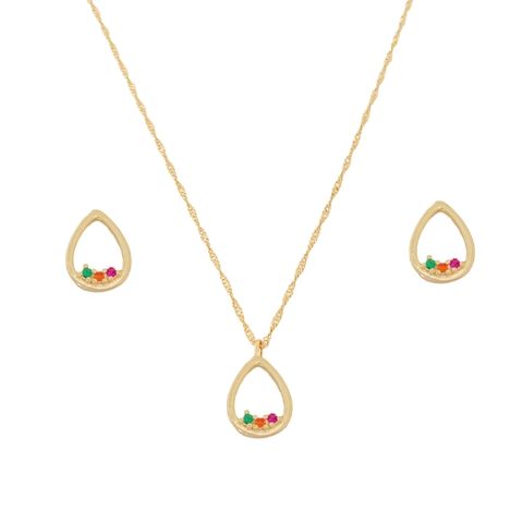 Conjunto Gota Vazada e Zircônias Colors Banhado a Ouro