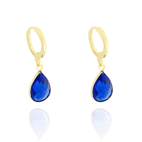 Brinco Argolinha Click Gotinha Azul Safira Banhado a Ouro