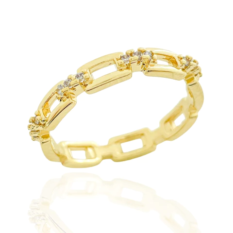 Anel Aro De Correntes Com Zircônias Cristais Banhado a Ouro