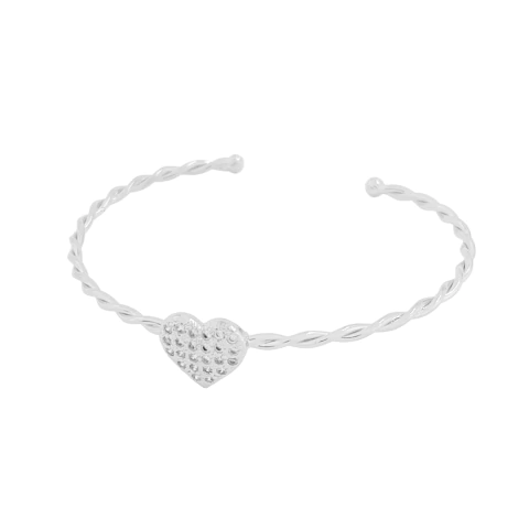 Bracelete Torcido e Coração Cravejado Banhado a Prata
