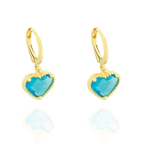 Brinco Argolinha Coração Azul Turquesa Banhado a Ouro