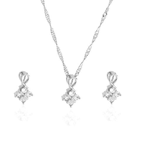 Conjunto Gota Vazada e Florzinha Cristal Banhado a Prata