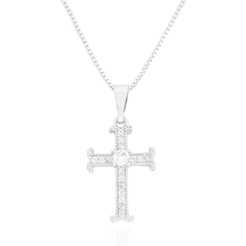 Colar Crucifixo Cravejado Cristal Banhado a Prata