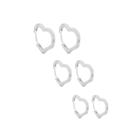 Trio de Brincos Argolinhas Corações Lisos Banhado a Prata