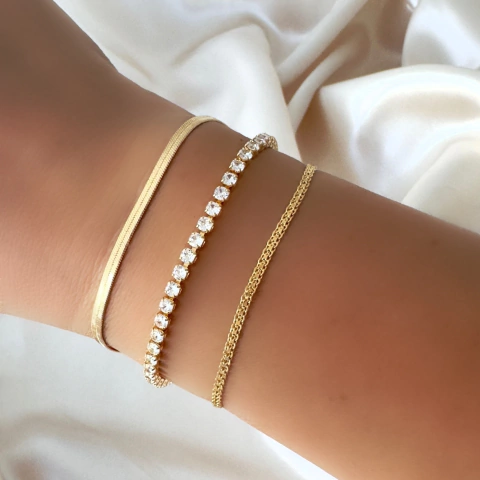 Pulseira Riviera Zircônias Cristais 3mm Banhada a Ouro - comprar online