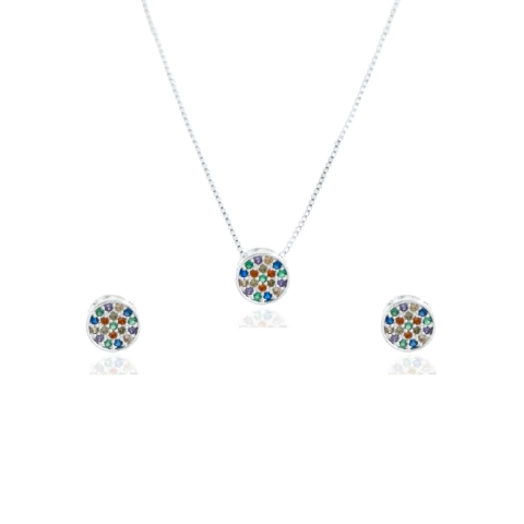 Conjunto Círculo Cravejado Zircônias Colors Banhado a Prata