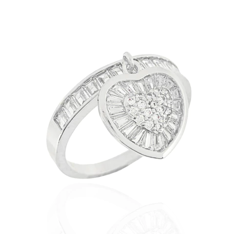 Anel Pingente de Coração Navetes Cristal Banhado a Prata