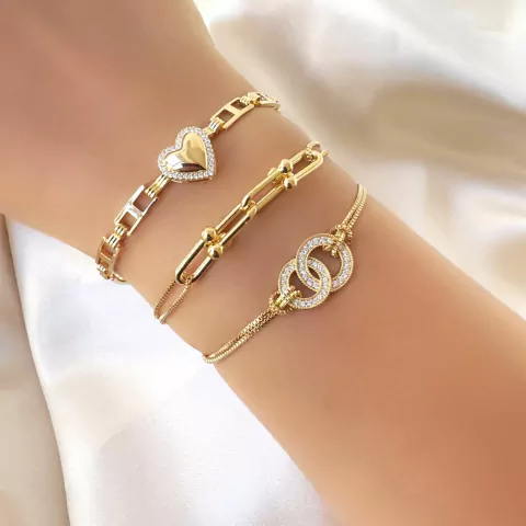 Pulseira Dupla Com Dois Círculos Cravejados Banhada a Ouro