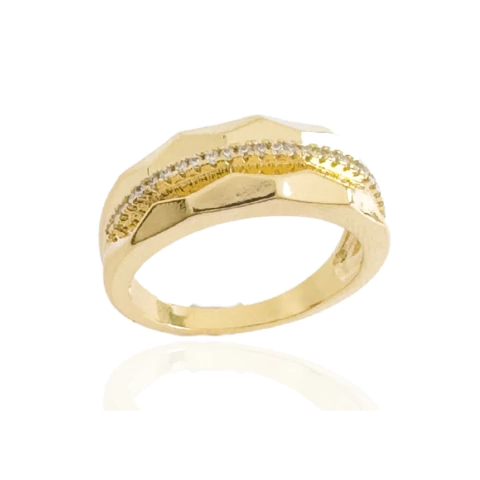 Anel Diamantado Fileira de Zircônia Cristal Banhado a Ouro