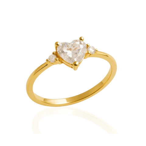 Anel Coração Cristal e Pontos de Luz Banhado a Ouro
