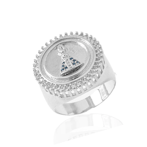 Anel Redondo Nossa Senhora e Zircônias Banhado a Prata