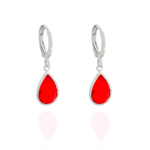 Brinco Argolinha Click Gotinha Vermelha Banhado a Prata