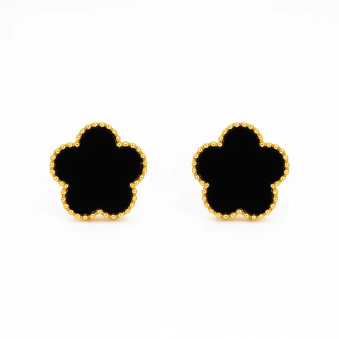 Brinco Flor Preta Dourado Pontilhadp Aço Inox 316L Luxo