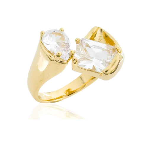 Anel Ajustável Quadrado e Gota Cristal Banhado a Ouro