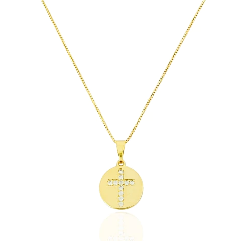 Colar Mini Medalha e Crucifixo Cristal Banhado a Ouro