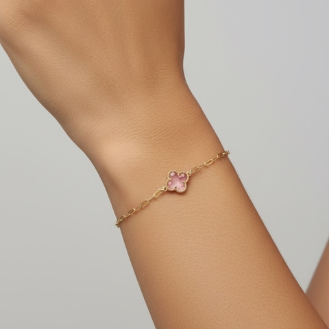 Pulseira Elo Cadeado Com Trevo Rosa Banhada a Ouro