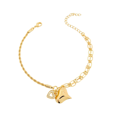 Pulseira Cordão Baiano e Elos Ovais Corações Banhada a Ouro