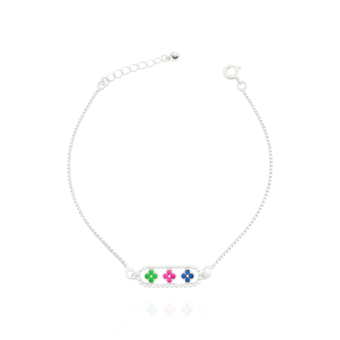 Pulseira Três Trevos Coloridos Banhada a Prata