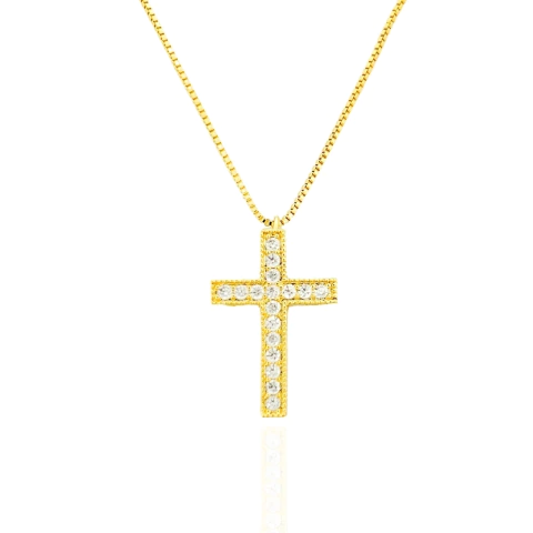 Colar Crucifixo Cravejado Cristal Banhado a Ouro