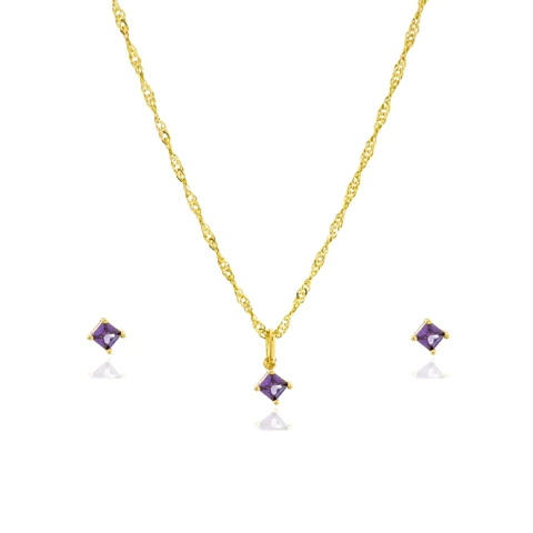 Conjunto Mini Quadrado Lilás Banhado a Ouro