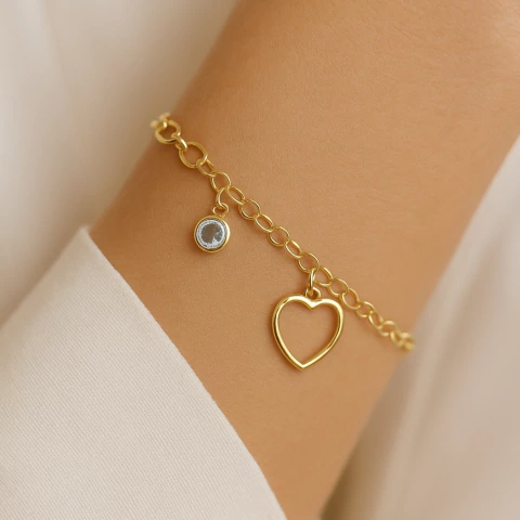 Pulseira Coração Vazado e Ponto de Luz Banhada a Ouro