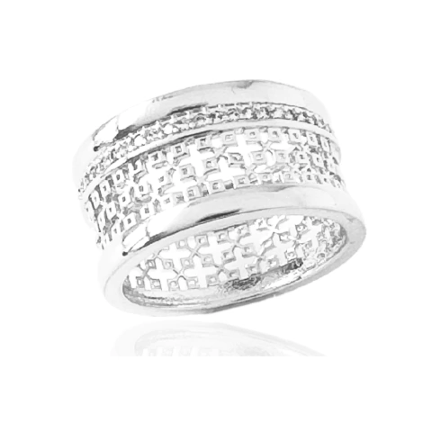 Anel Largo Com Zircônias e Mini Quadrados Banhado a Prata