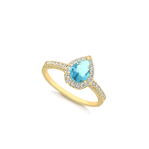 Anel Princesa Gota Zircônias Azul Turquesa Banhado a Ouro