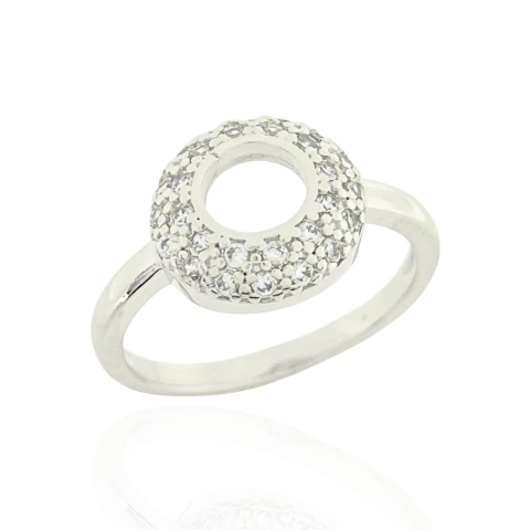 Anel Círculo Cravejado Zircônias Cristais Banhado a Prata