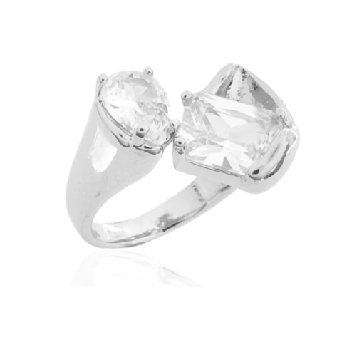 Anel Ajustável Quadrado e Gota Cristal Banhado a Prata