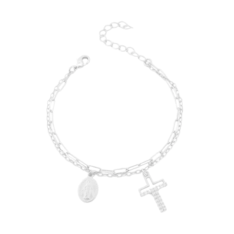 Pulseira Dupla Nossa Senhora e Cruz Cravejada Banhada a Prata