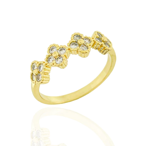 Anel Quatro Trevos Cristais Banhado a Ouro