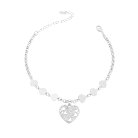 Pulseira Corações Lisos e Pingente Cravejado Banhada a Prata
