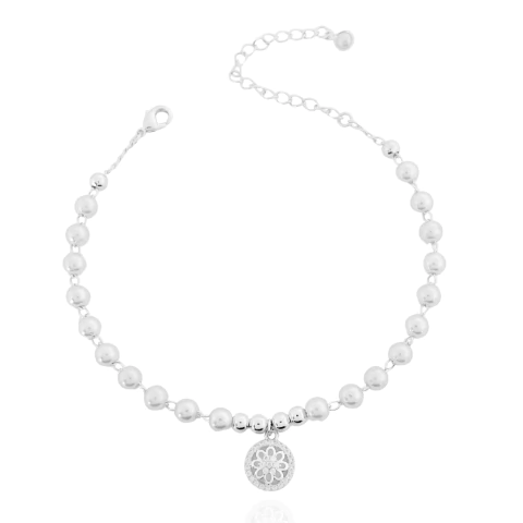 Pulseira Pérolas Com Mandala Cravejada Banhada a Prata