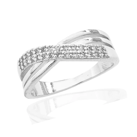 Anel Entrelaçado Com Duas Fileiras Cristais Banhado a Prata