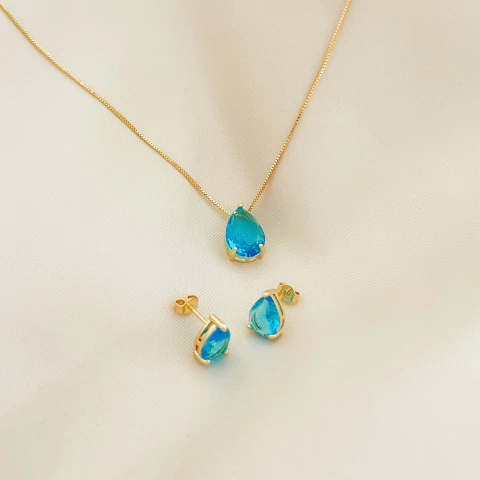 Conjunto Gota Azul Turmalina Banhado a Ouro